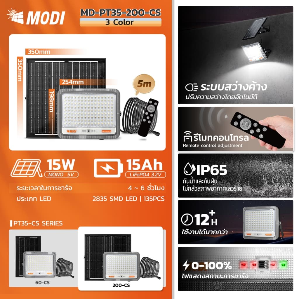 MODI ไฟสปอตไลท์โซล่าเซลล์ 200W เปิดได้ 3 แสง ระดับกันน้ำIP65 ระบบสว่างค้าง ไฟพลังงานแสงอาทิตย์ รูปที่ 2