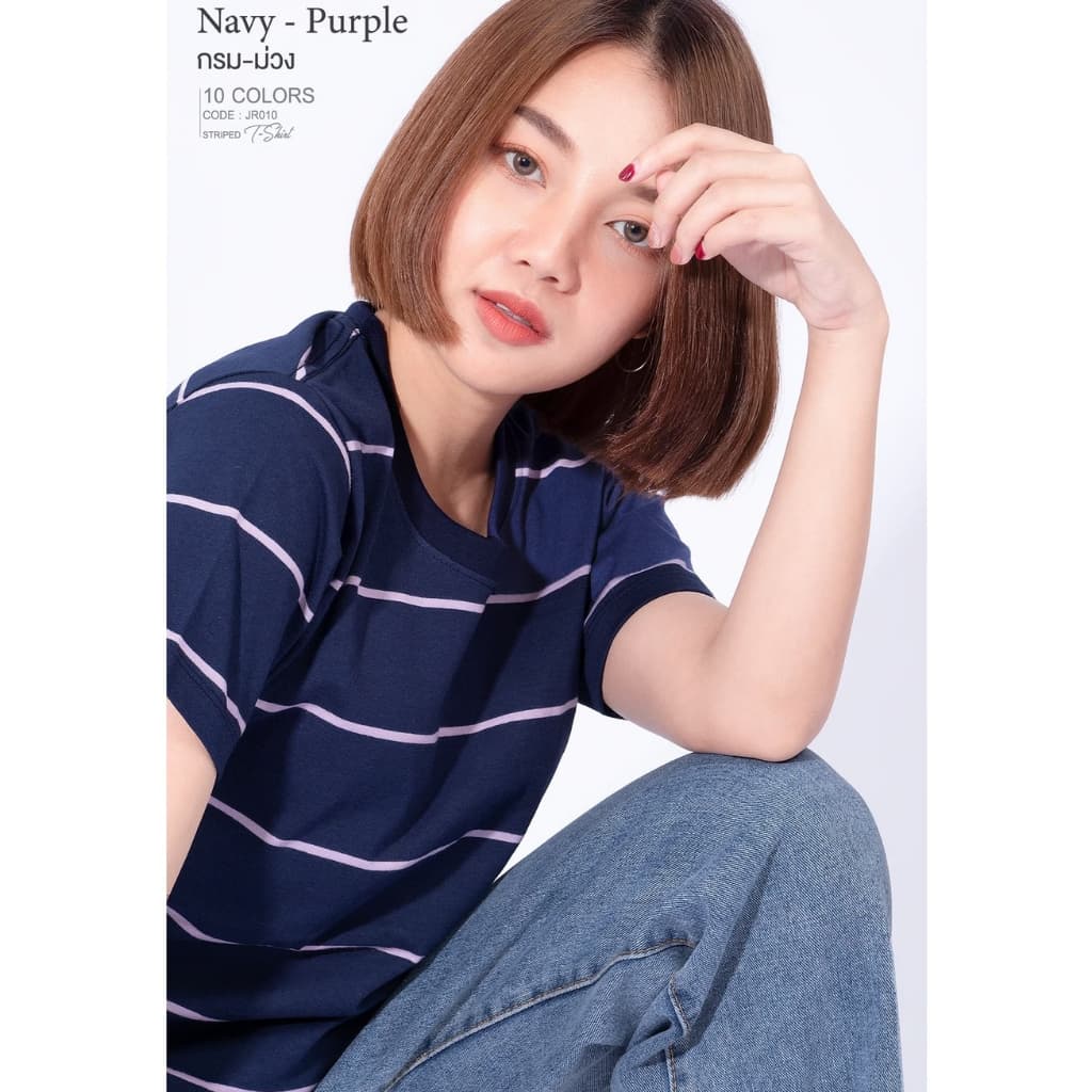 เสื้อยืดริ้ว โทนสีกรม Striped คอกลม เเขนสั้น รูปที่ 2