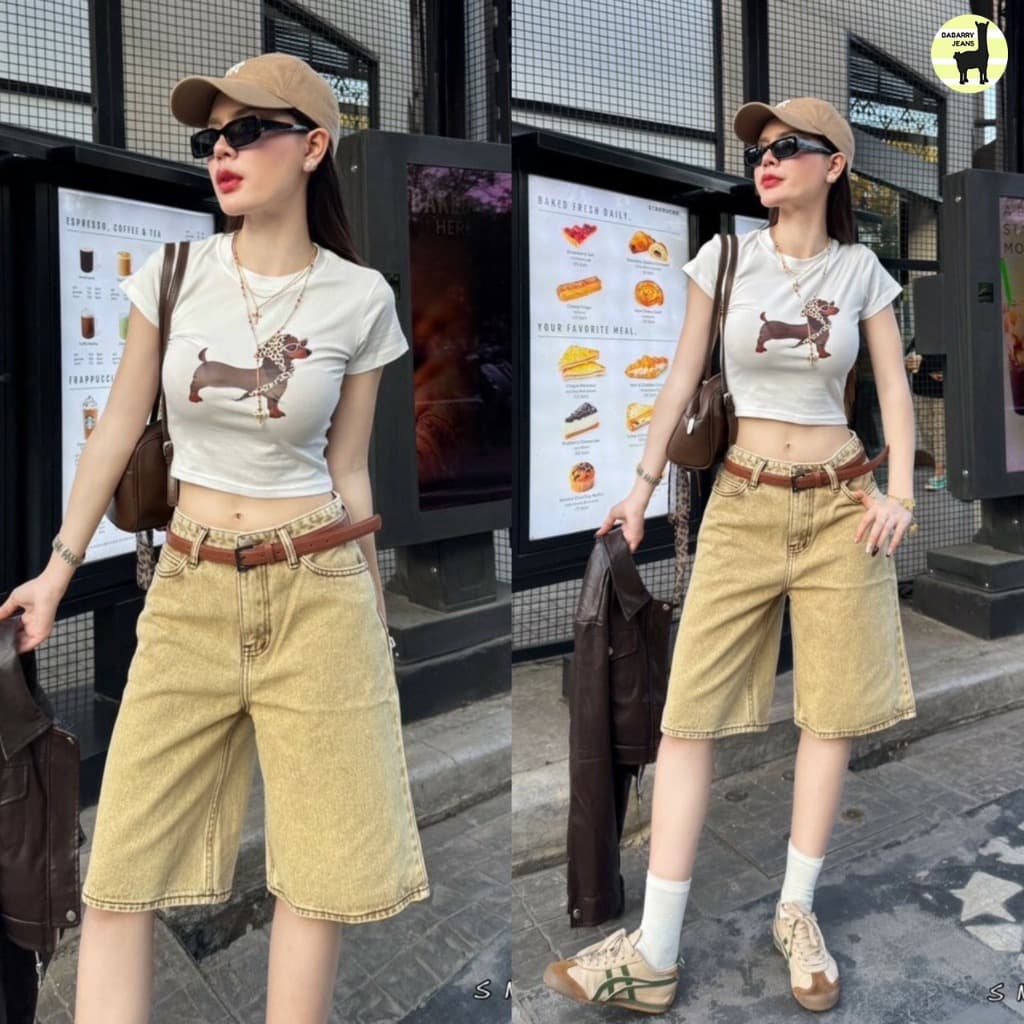 Babarry On Street - กางเกงขาสั้น ยีนส์ 5 ส่วน เอวสูง ผ้าไม่ยืด ยาว 22.5-23 นิ้ว รูปที่ 7