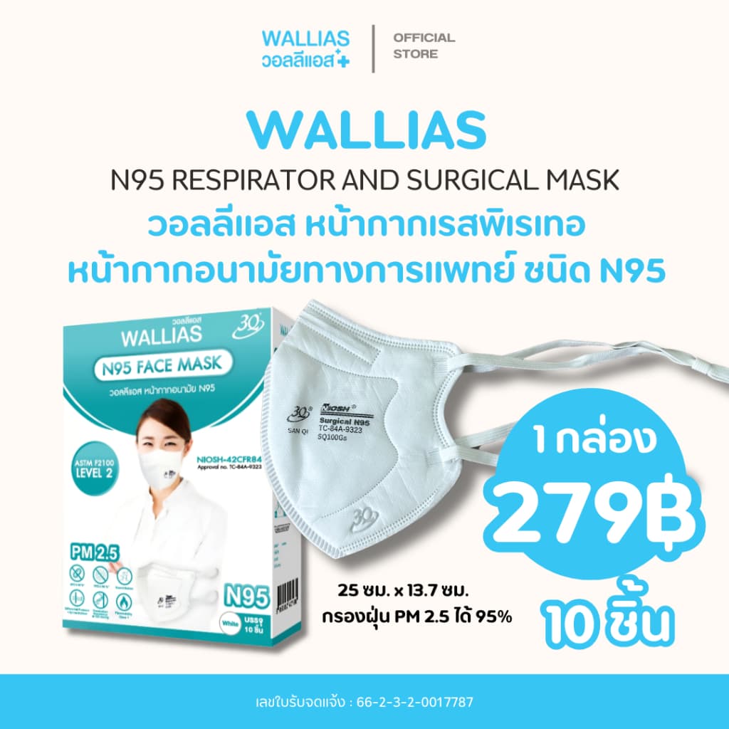 WALLIAS N95 แบบ10ชิ้น/20ชิ้น Face Mask หน้ากากอนามัยป้องกันฝุ่นPM 2.5 NIOSH รูปที่ 2
