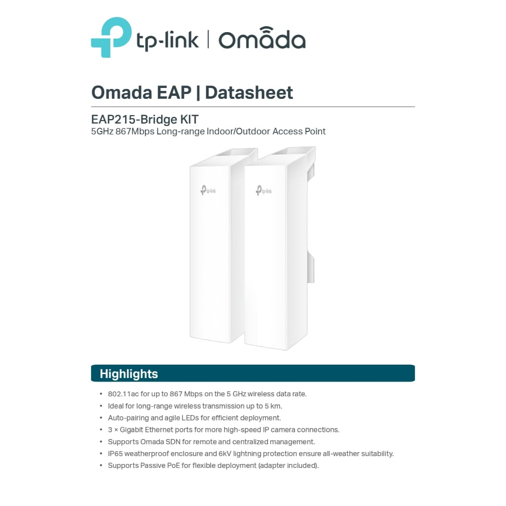 TP-Link EAP215-Bridge KIT V3.2 ฟรี PoE Adapter Omada ชุดบริดจ์ไร้สาย 867 Mbps 5 กม. IP65 Outdoor รูปที่ 7