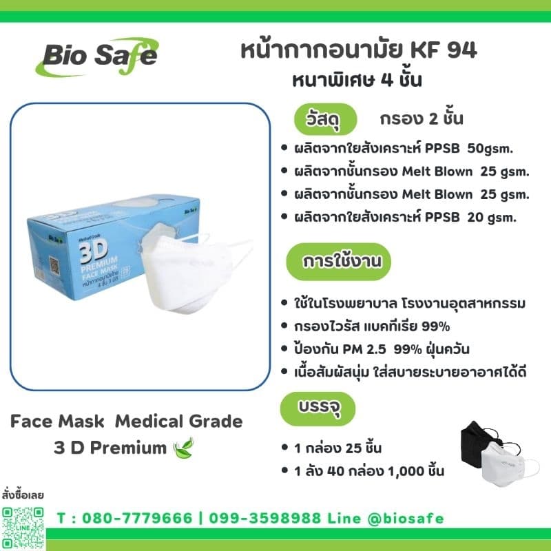 หน้ากากอนามัย 3 มิติ กันฝุ่น PM2.5 เชื้อโรค เกรดแพทย์ กล่อง 25 ชิ้น | 3 D Premium KF 94 BioSafe รูปที่ 2