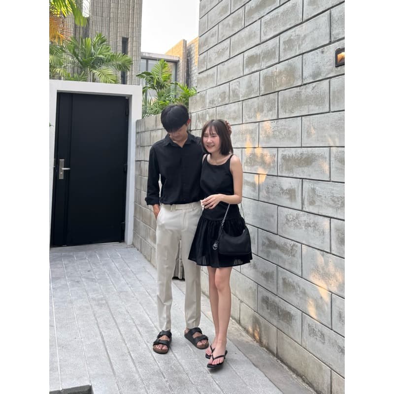 2pcs - Couple Dobby Mini Dress เสื้อคู่มินิเดรส (มินิเดรส + เสื้อเชิ้ตผู้ชายแขนยาว ผ้าคอตตอนทอลาย) รูปที่ 4