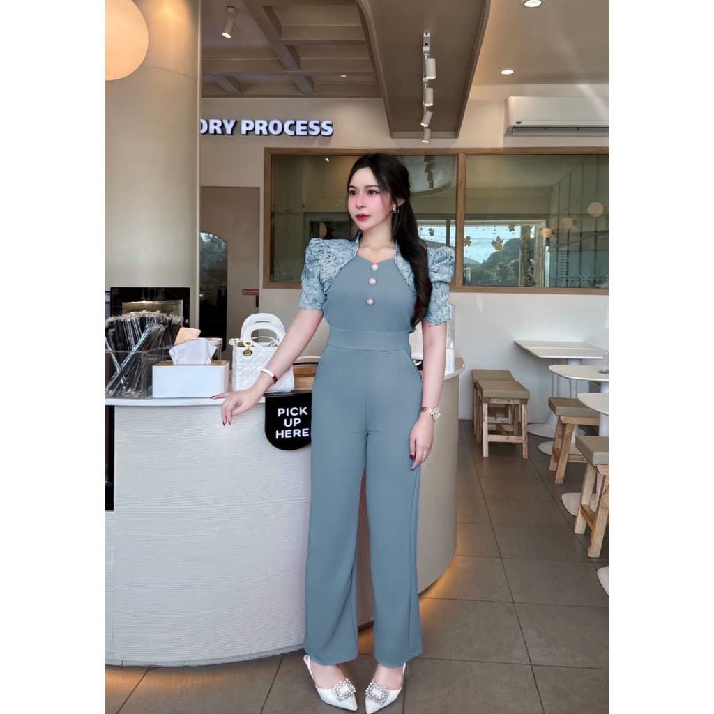 สินค้าพร้อส่ง ชุดเซตผ้าวูลเวฟ เสื้อคอระหงส์แขนแต่งผ้าทอแต่งย่นแต่งกระดุมมุก+กางเกง รูปที่ 3