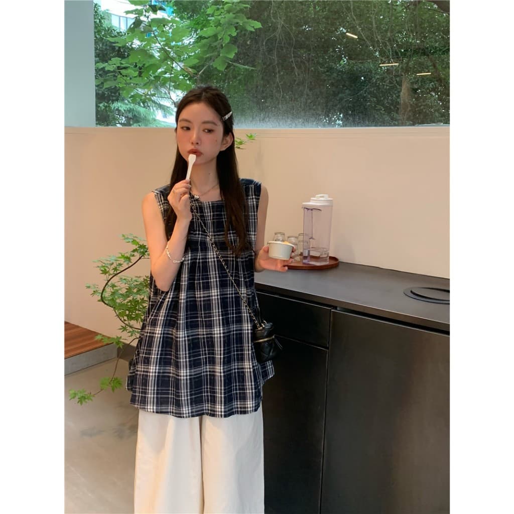 เสื้อลายสก็อต สวมใส่สบาย ติดกระดุมด้านหลังคอ กลางลำตัวจับจีบระบายชาย ทรงปล่อย เสื้อครอป #6613 รูปที่ 8