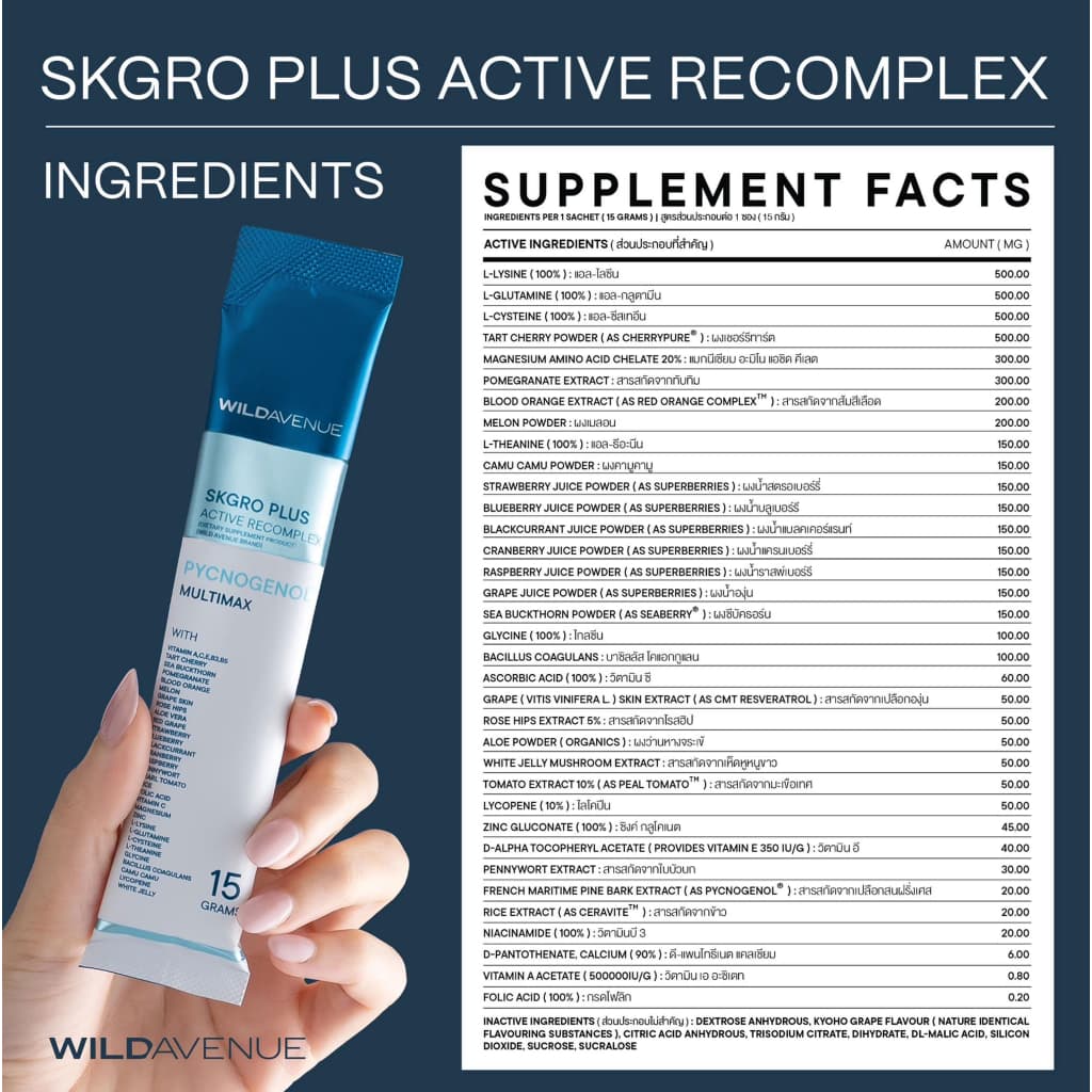 ส่งด่วน!! WILD AVENUE SKGRO PLUS RECOMPLEX อาหารเสริมสำหรับผิว กล่องละ 10 ซอง รูปที่ 5