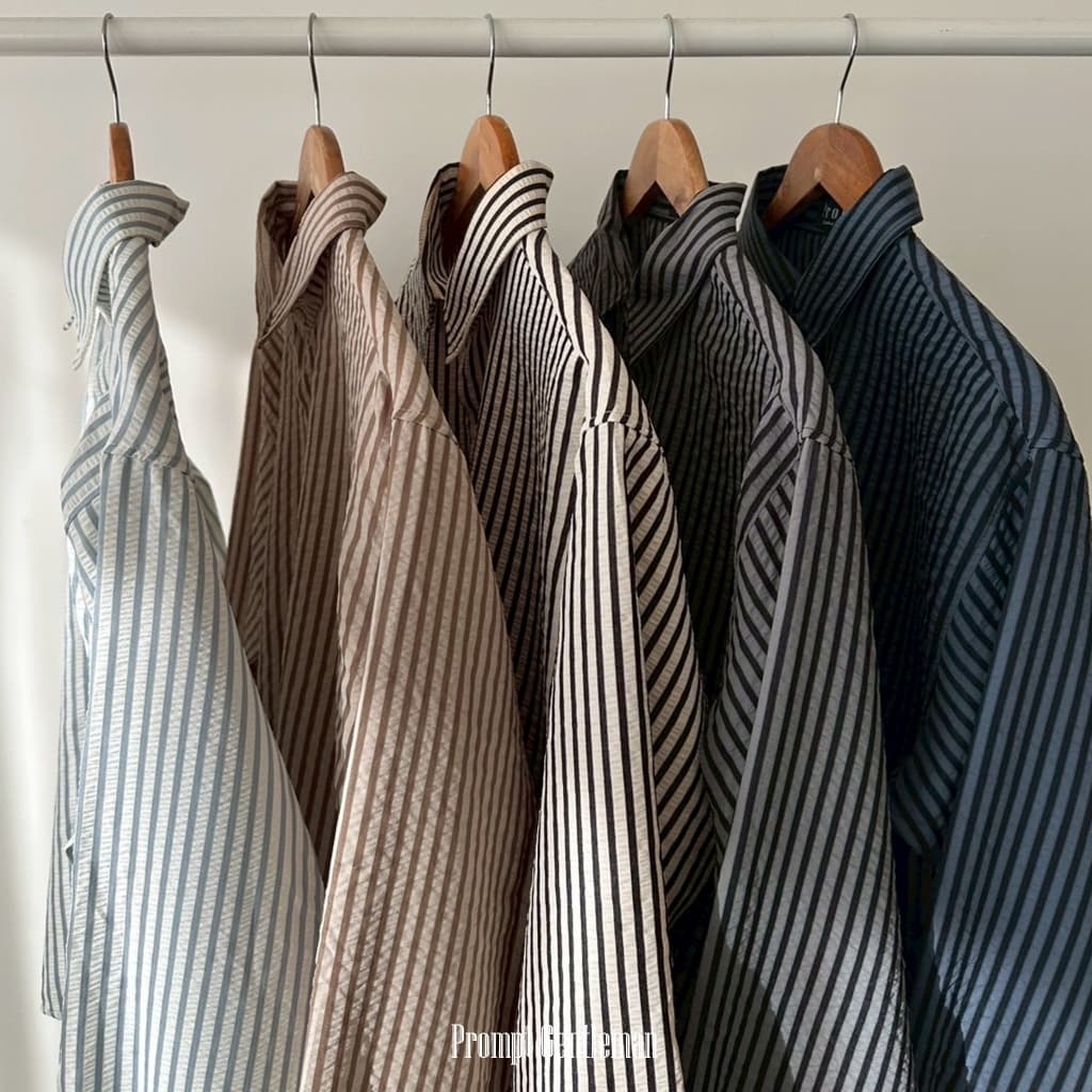 เสื้อเชิ้ตครอปชายโค้ง ลายริ้ว หน้าสั้นหลังยาว Unisex Prompt Semi Crop Stripe Shirt มีไซส์ 40/44/48" รูปที่ 9
