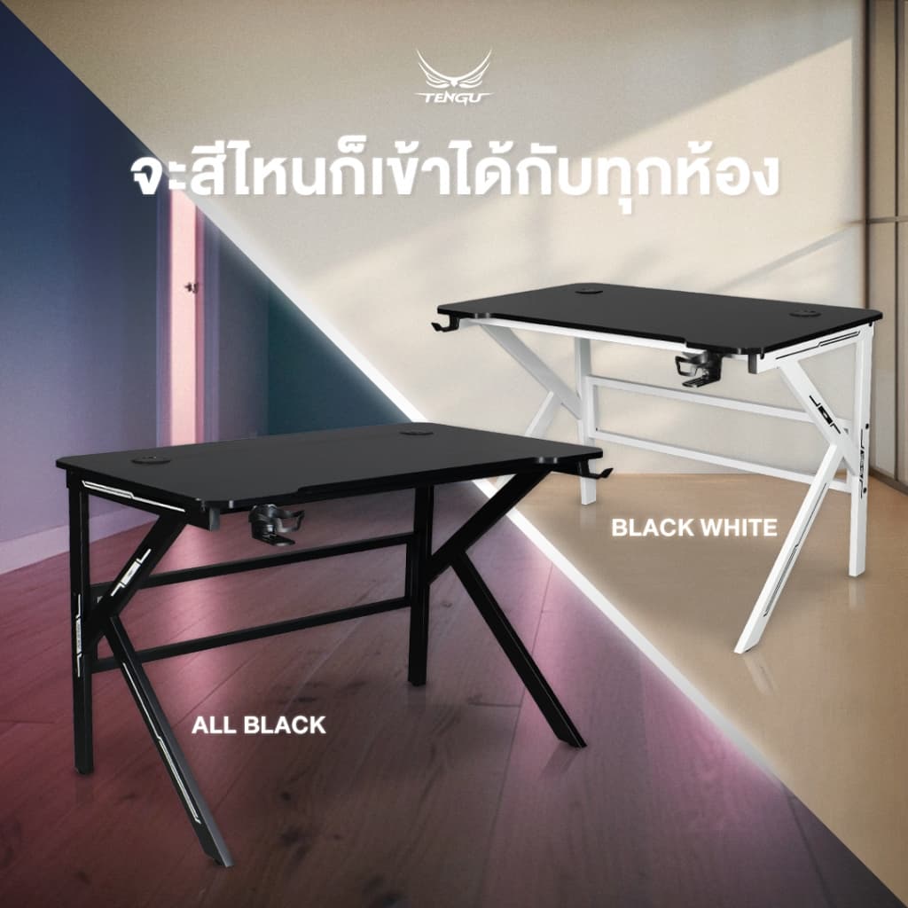 Tengu โต๊ะเกมมิ่ง รุ่น Oda โต๊ะคอม ขนาด 80 100 120 140cm รองรับ 2 หน้าจอ แข็งแรงรับประกัน2ปี โต๊ะสีขาวสีดำ รูปที่ 4