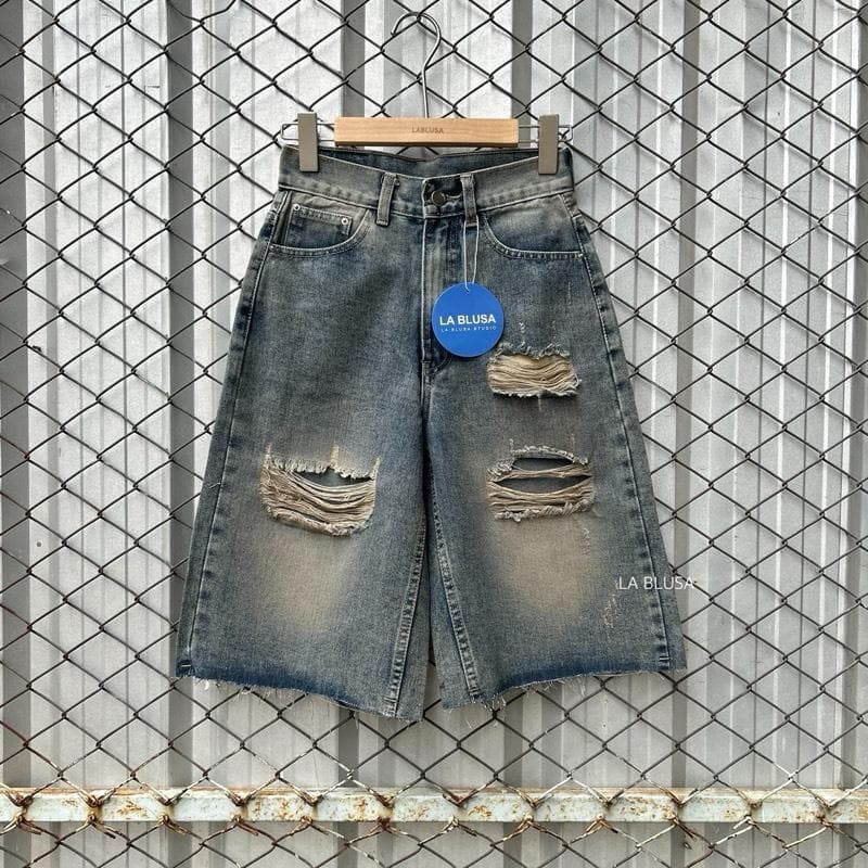LABLUSA - LBS326 : กางเกงยีนส์ขา 4 ส่วน แต่งขาดเซอร์ วินเทจ รูปที่ 3