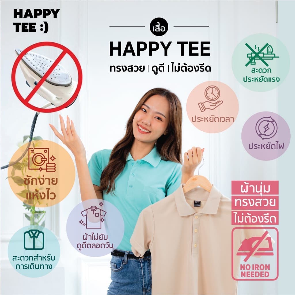 HAPPY TEE เสื้อโปโล "สีเทาดำท็อปดาย" ทรงสวย ผ้านุ่ม ใส่สบาย ไม่ต้องรีด ใส่ได้ทั้งครอบครัว รูปที่ 2