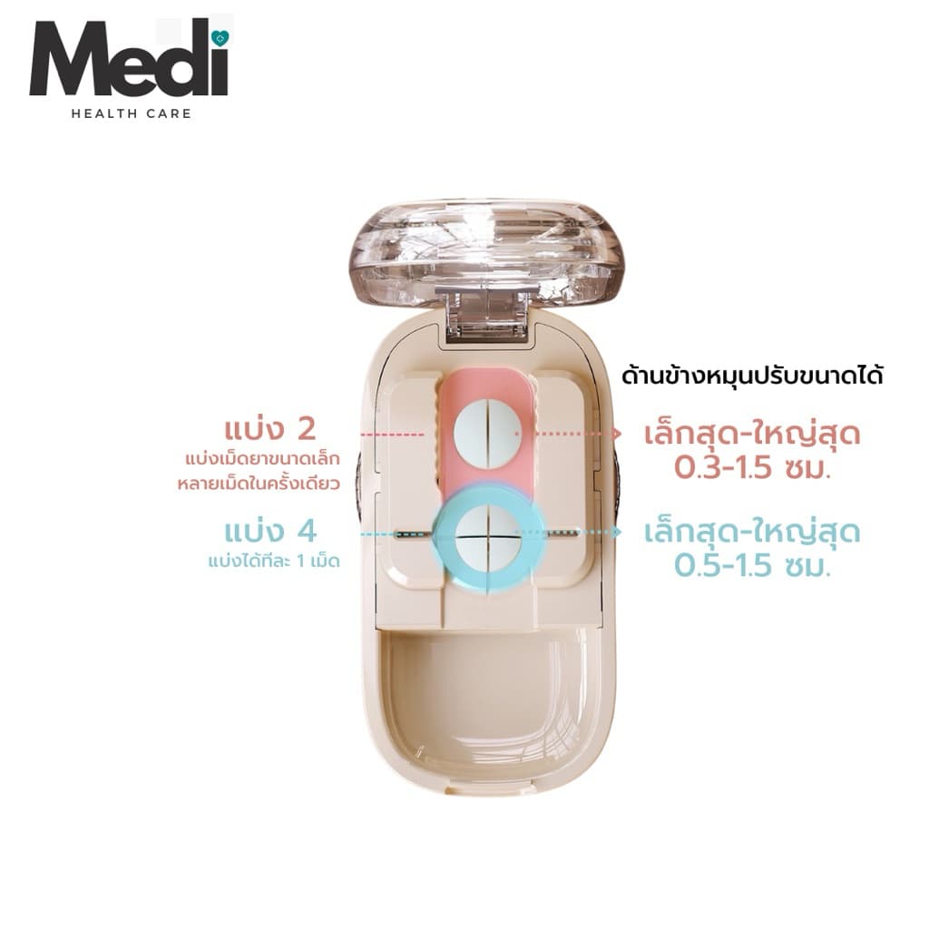 Medi ที่ตัดยา 1/2,1/3,1/4 ตัดเม็ดเล็กได้เล็กสุด 0.3 ซม ใบมีดคม มีตัวล็อคเม็ดยา ช่องเก็บยา food grade รูปที่ 3