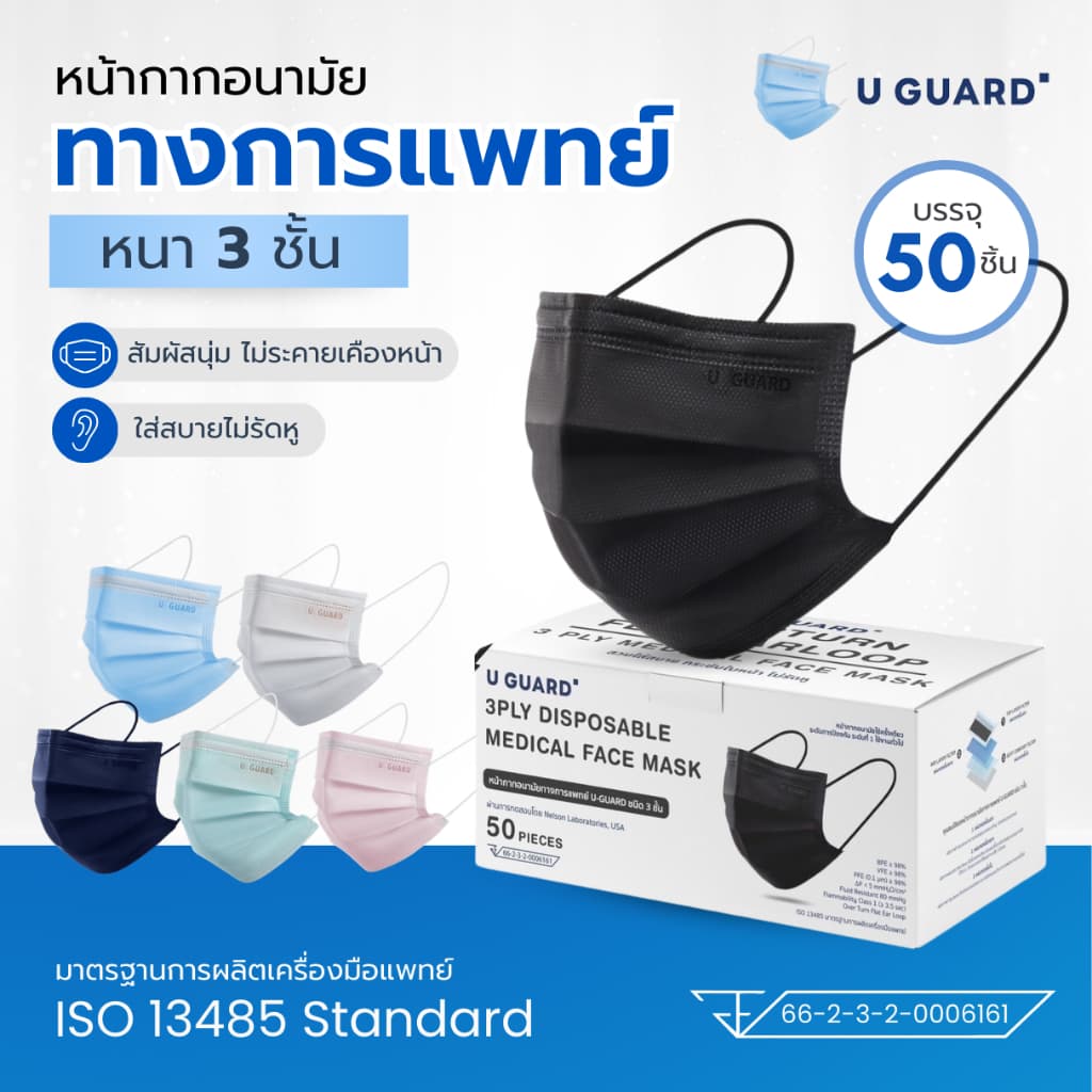 U-GUARD MASK หน้ากากอนามัย 3 ชั้น LV.1 OVERTURN FLAT EARLOOP ใส่สบายไม่เจ็บหู รูปที่ 1