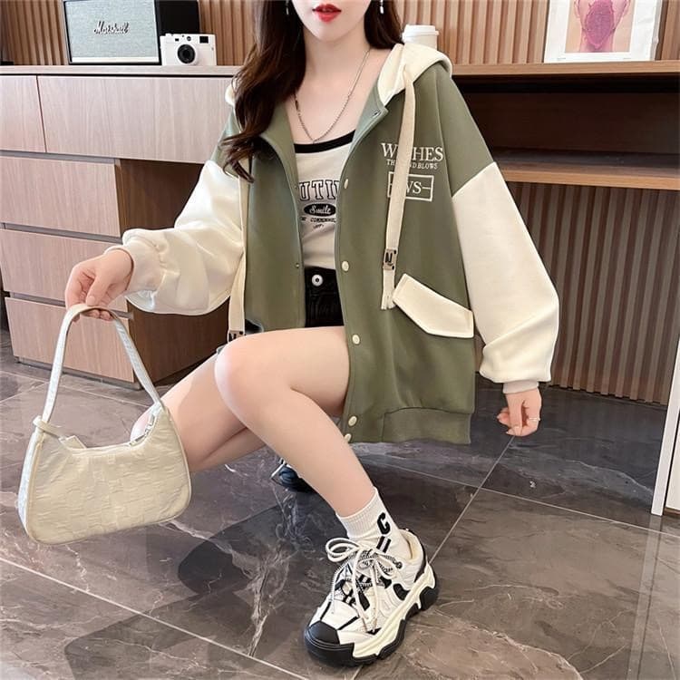 เสื้อแจ็คเก็ตเบสบอล เสื้อฮู้ดผู้หญิง ผ้าสำลี ผ้าหนานิ่ม รุ่น6020# รูปที่ 9