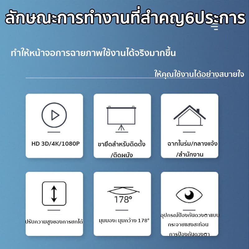 4K จอโปรเจคเตอร์ 60/84/100นิ้ว จอรับภาพ พับได้ แบบตั้งพื้น แขวนผนัง ไม่ต้องเจาะ/ไม่ต้องติดตั้ง รูปที่ 6