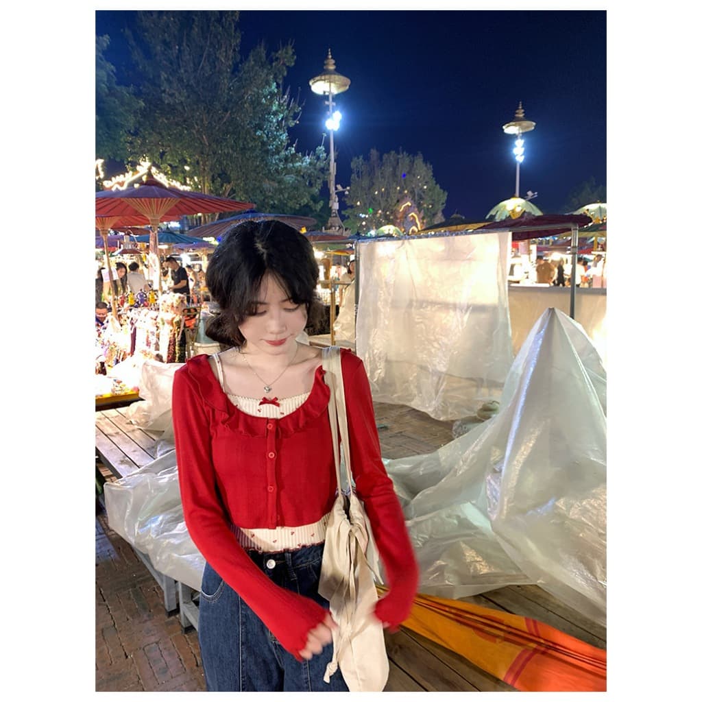Cicishop Set 2 ชิ้น สายเดี่ยว+เสื้อคลุมลายน้องเชอร์รี่ สดใส ซุกซน ขี้เล่น สไตล์เกาหลี รูปที่ 5