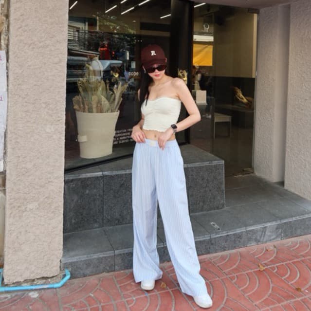 กางเกงผ้า Nammon Jeans B90-B93 กางเกงผ้ากระบอกใหญ่ลายทาง ใส่สบาย รูปที่ 2