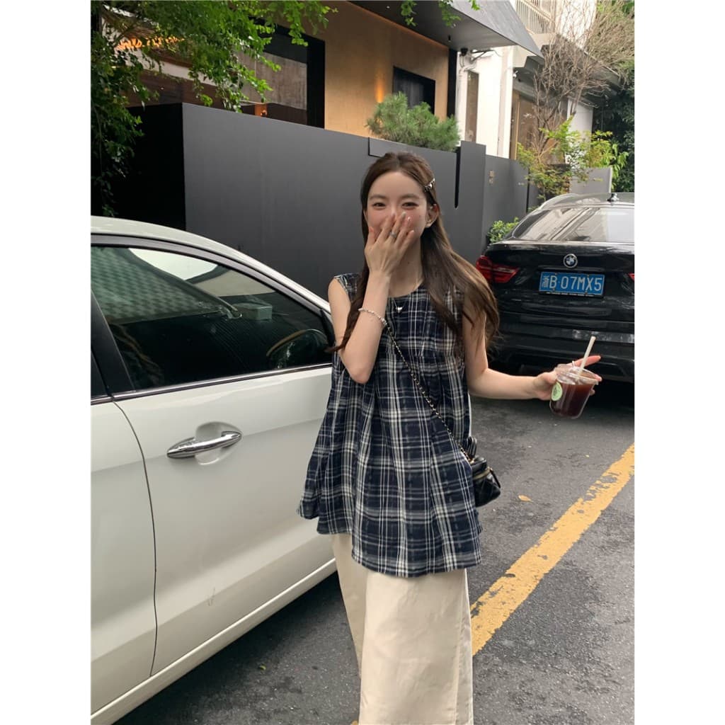 เสื้อลายสก็อต สวมใส่สบาย ติดกระดุมด้านหลังคอ กลางลำตัวจับจีบระบายชาย ทรงปล่อย เสื้อครอป #6613 รูปที่ 7