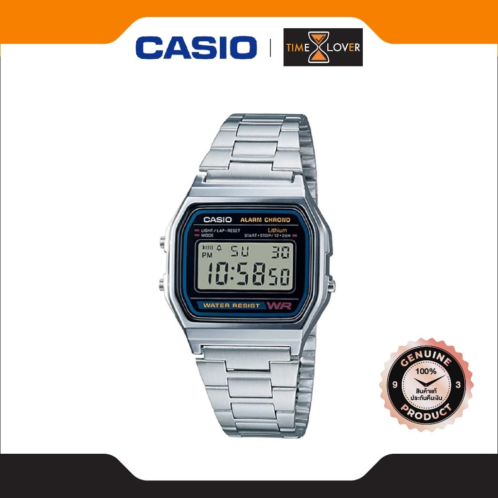 Casio รุ่น A158WA-1D ของแท้ ประกันศูนย์ ขนาด Unisex ไฟ LED จับเวลา 1/100 วินาที กันน้ำ สายเสตนเลส
