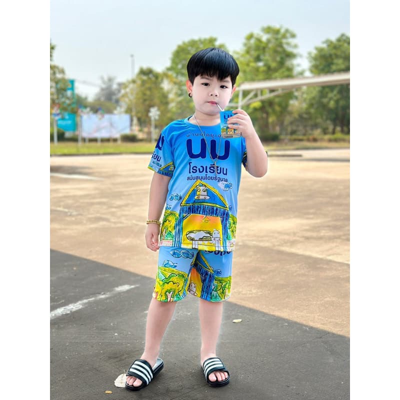 ชุดเด็กลายนม นมโรงเรียน พิมพ์ลายสีฟ้า 1-12ขวบ รูปที่ 2