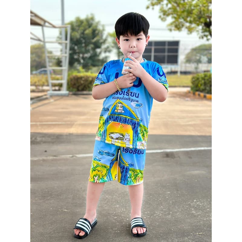 ชุดเด็กลายนม นมโรงเรียน พิมพ์ลายสีฟ้า 1-12ขวบ รูปที่ 3
