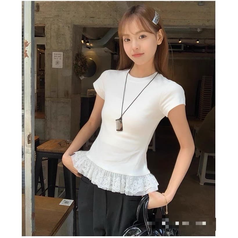 UMISO 100%cotton เสื้อยืดแขนสั้น เสื้อลูกไม้ คอกลมลายลูกไม้สีขาวสำหรับผู้หญิง รูปที่ 5