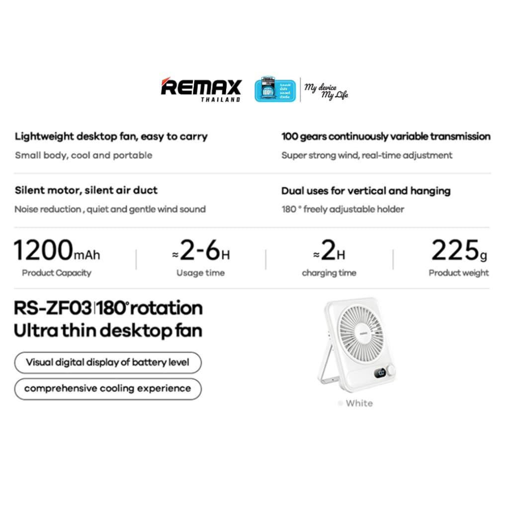 Remax Fan RS-ZF03 - พัดลมตั้งโต๊ะ ขนาดเล็ก ลมแรง 100 ระดับ พกพาสะดวก มีขาตั้งพับได้ 180 องศา รูปที่ 7