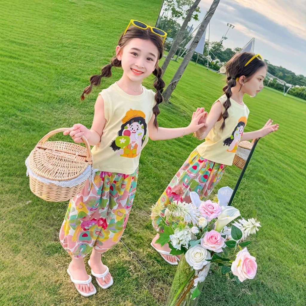 baby ชุดเช็ท เสื้อเเขนกุด+กางเกงลายดอกไม้ สีพาลเทลสุดน่ารัก สำหรับเด็กผู้หญิง เนื้้อผ้าใส่สบาย รูปที่ 4