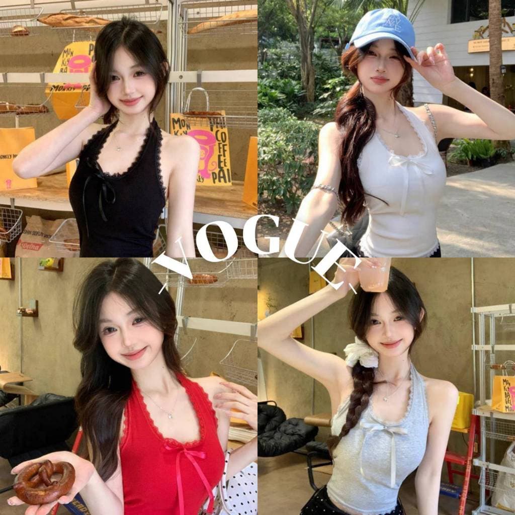 Vogue เสื้อคล้องคอ เว้าหลัง มีฟองน้ำในตัว สีสดใสใส่สบาย รูปที่ 1