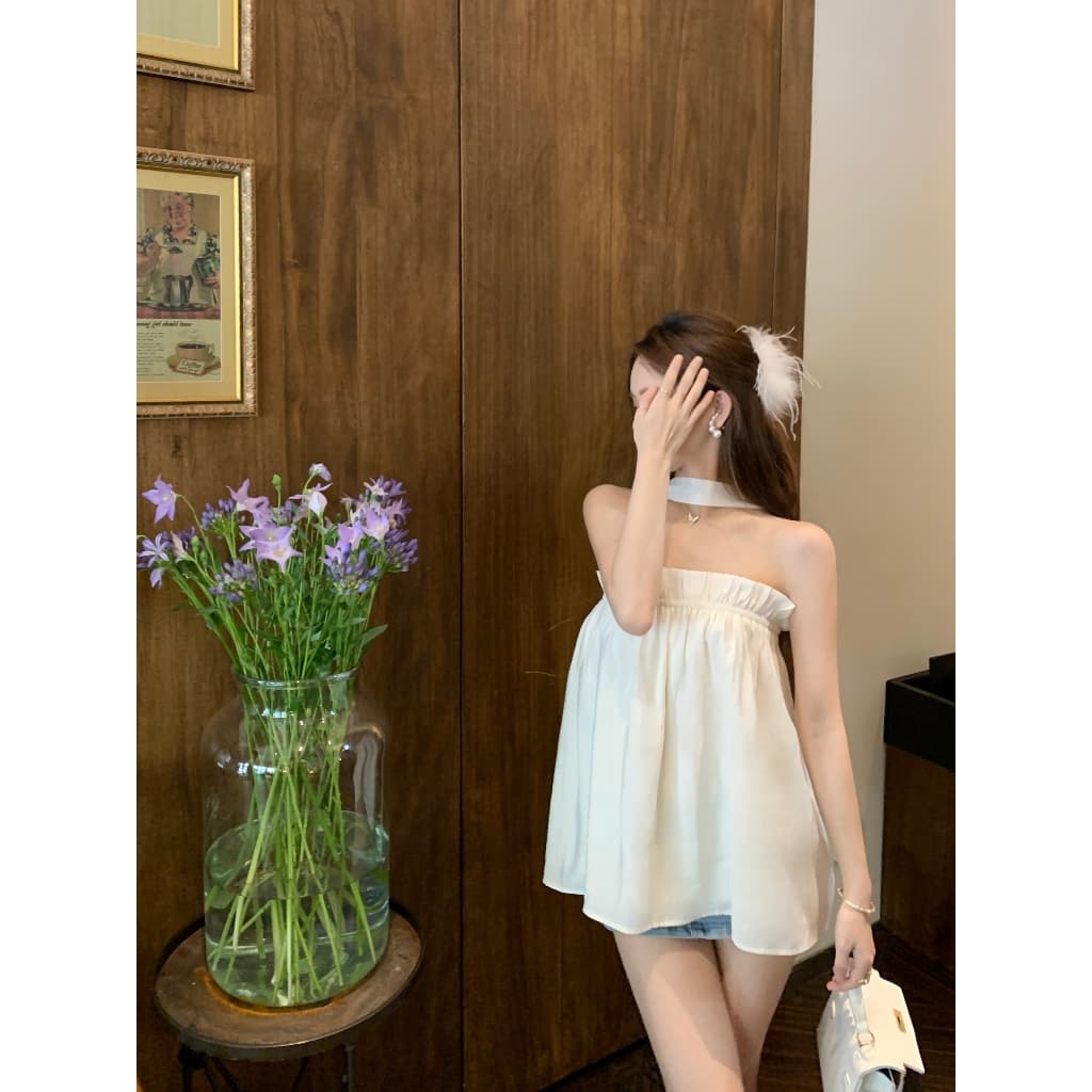 เสื้อครอป เกาะอก สีดำ มีสายคล้องคอแบบติดกระดุมจากด้านหลัง อกสม็อค ผ้าเปลือกไม้ ยับยาก เสื้อเบลาซ์ #8929 รูปที่ 4
