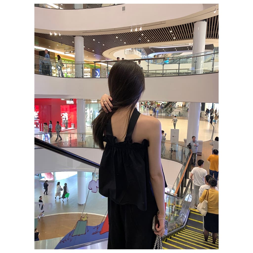 เสื้อครอป เกาะอก สีดำ มีสายคล้องคอแบบติดกระดุมจากด้านหลัง อกสม็อค ผ้าเปลือกไม้ ยับยาก เสื้อเบลาซ์ #8929 รูปที่ 9