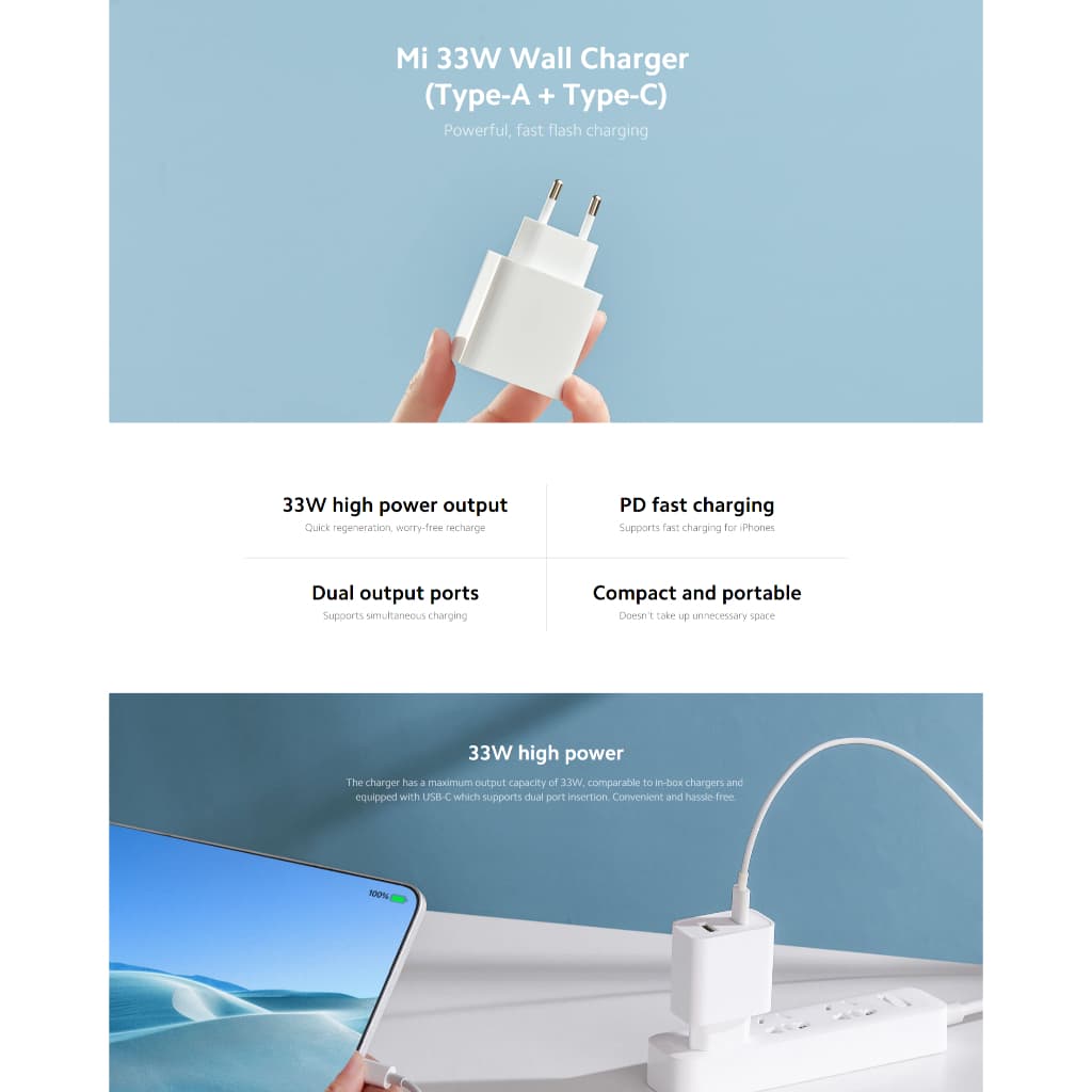 Xiaomi 33W Wall Charger หัวชาร์จ I Type-A+Type-C I พอร์ตคู่ ชาร์จอุปกรณ์พร้อมกันได้ I ขนาดกะทัดรัด พกพาสะดวก ไม่เกะกะ รูปที่ 2