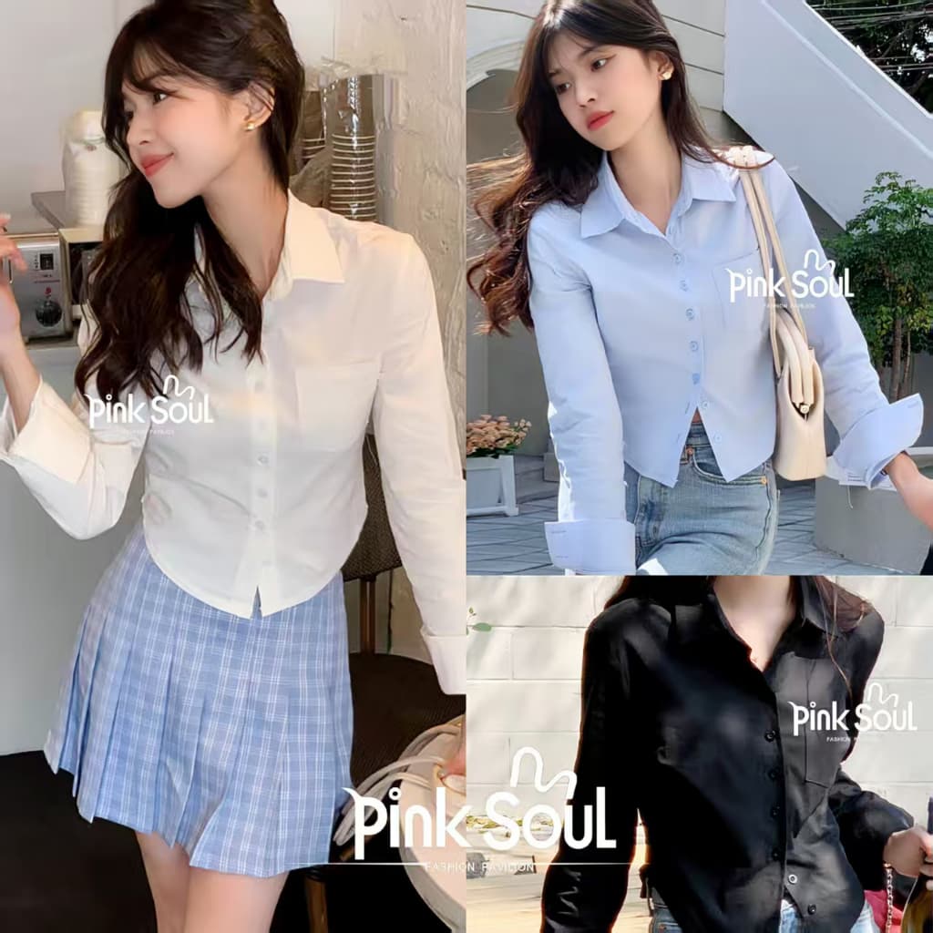 เสื้อเชิ้ตแขนยาวครอป เสื้อแฟชั่นผู้หญิง สไตล์เกาหลี เว้าเอว งานรัดรูป ผ้าคัตตอล Lady Clothing รูปที่ 1