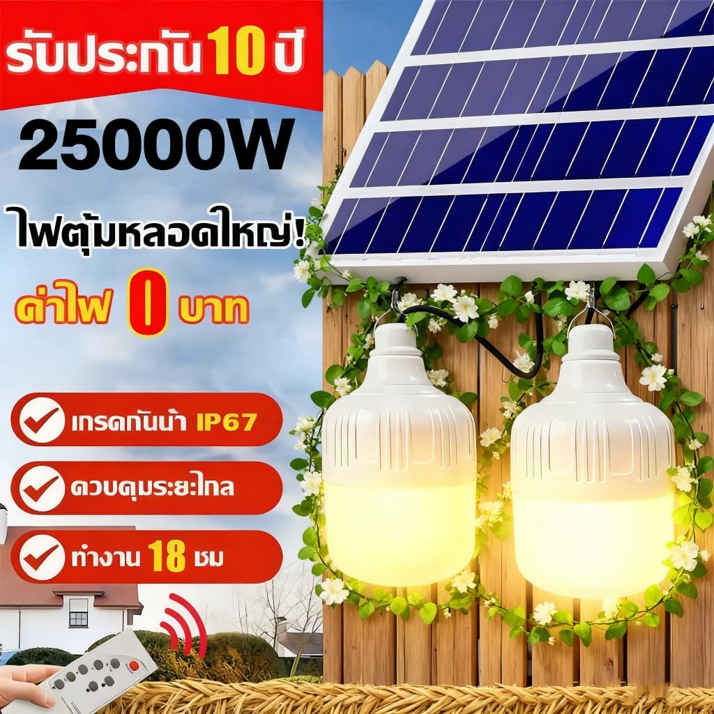 ซื้อ 1 แถม 1ไฟโซล่าเซลล์ 2500W หลอดไฟโซล่าเซลล์ solar light ไฟตุ้ม3สี ไฟตั้งแคมป์ สปอตไลท์พกพา แบตนาน12-48ชั่วโม รูปที่ 1