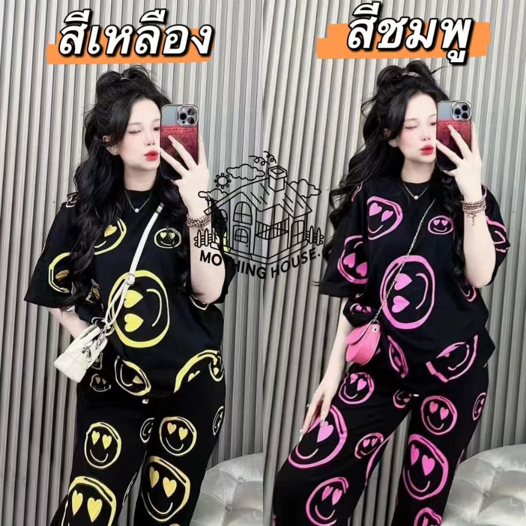 ชุดสูทแฟชั่นลำลองสำหรับผู้หญิง ขายดี ทรงหลวม แขนสั้นลายหน้ายิ้ม กางเกงขายาว ชุดสูท 2 ชิ้นสุดเก๋ รูปที่ 2