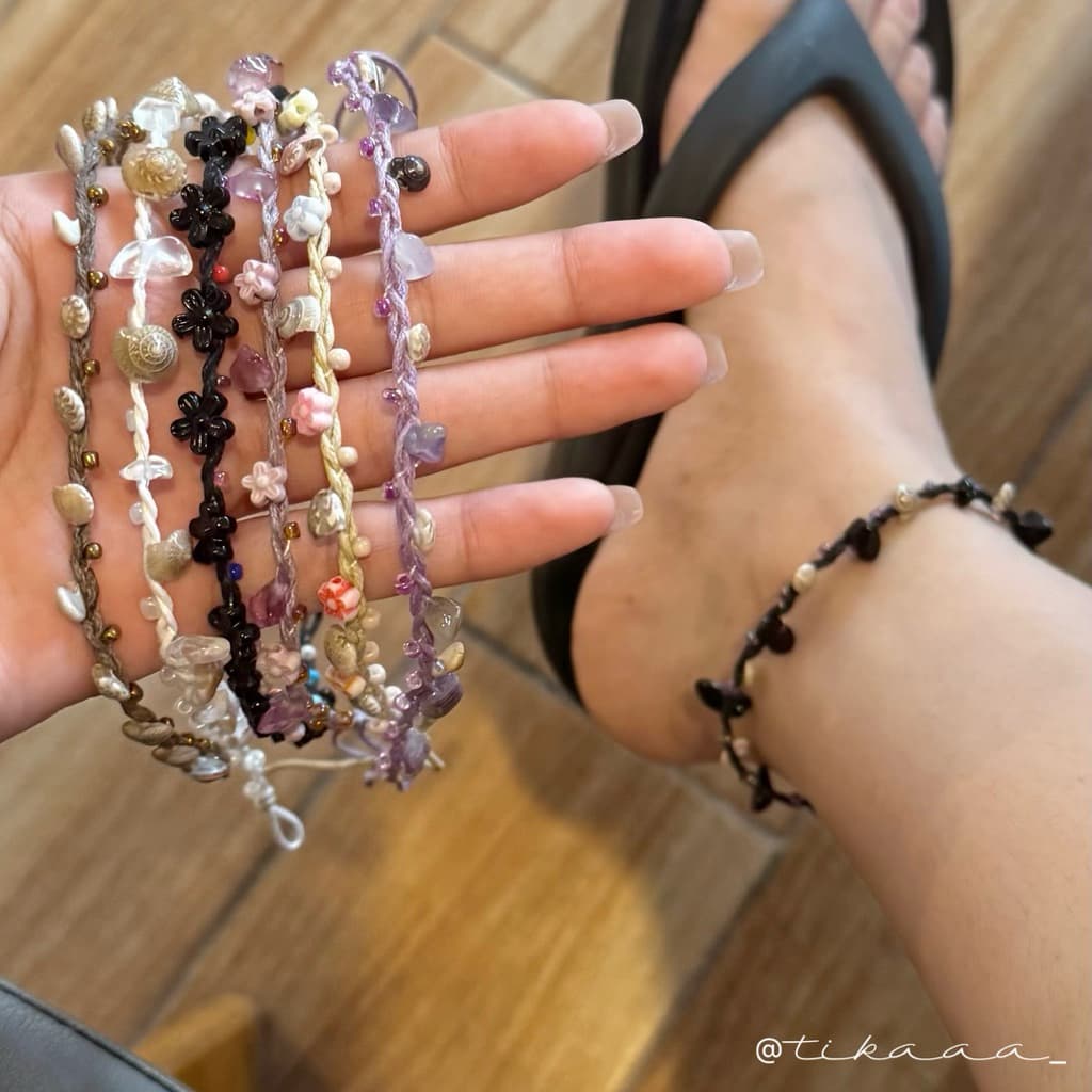 (Ready to ship 🇹🇭)🔥Handmade Natural Shell & Stone Anklet Bracelet – Natural Stone สร้อยข้อเท้าเชือกถัก มินิมอล หิน หอย