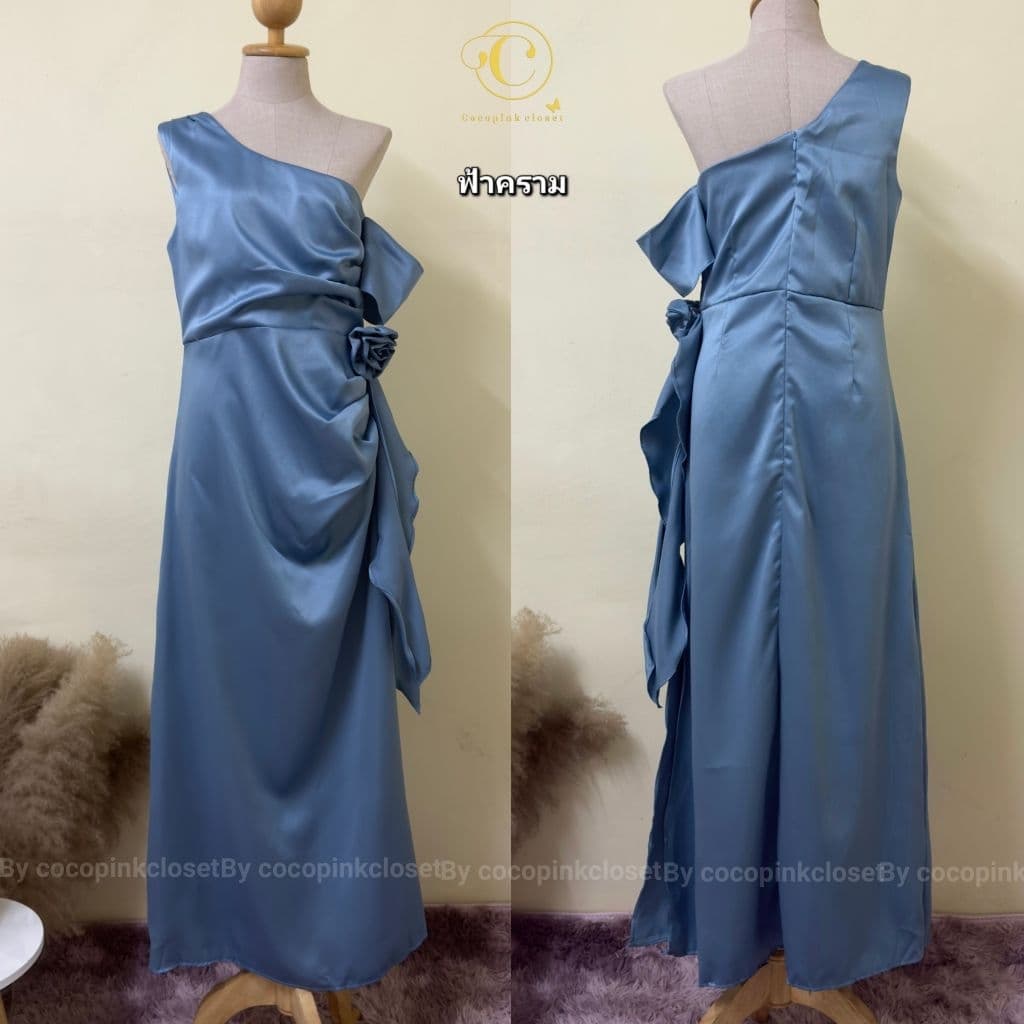 C;5063:ชุดราตรีเดรสยาวใส่ออกงาน ทรงปาดไหล่ข้าง แขนไหล่ปิดพรางต้นแขน แต่งระบายงานผ้าเงาซาร่า รูปที่ 5