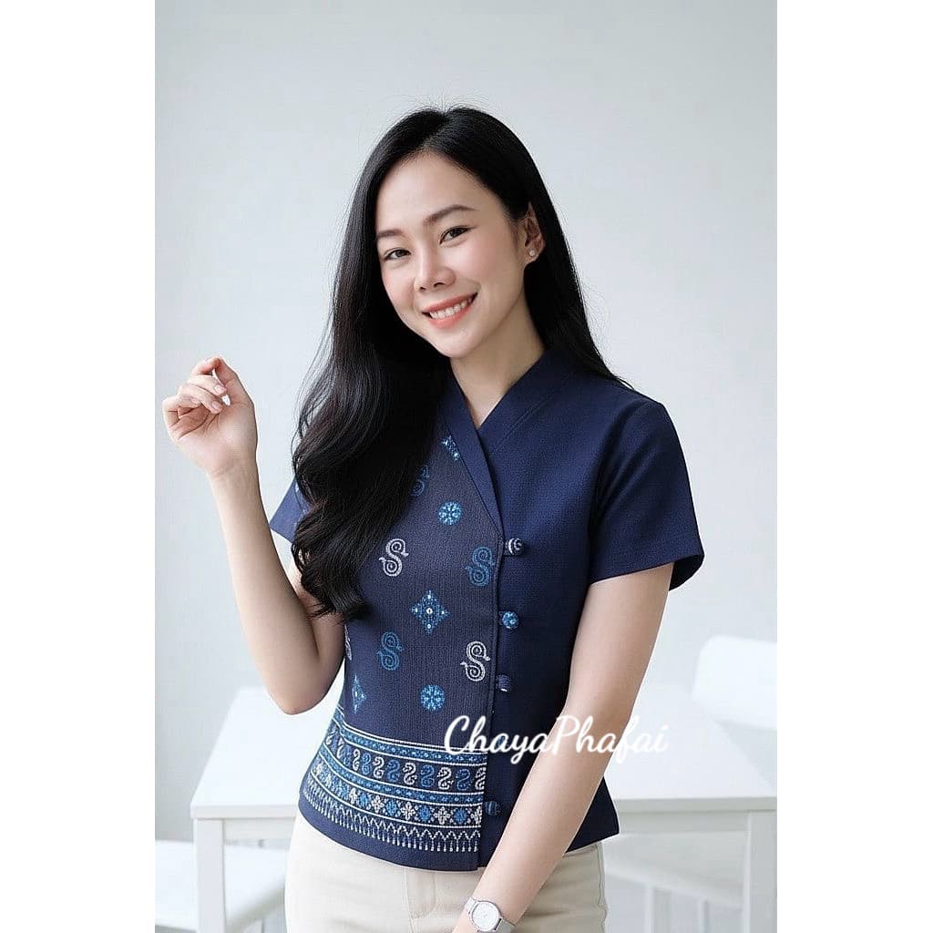 เสื้อผ้าฝ้ายอัดกาวป้ายข้างแขนสั้น ลายดอกรักราชกัญญา รูปที่ 3
