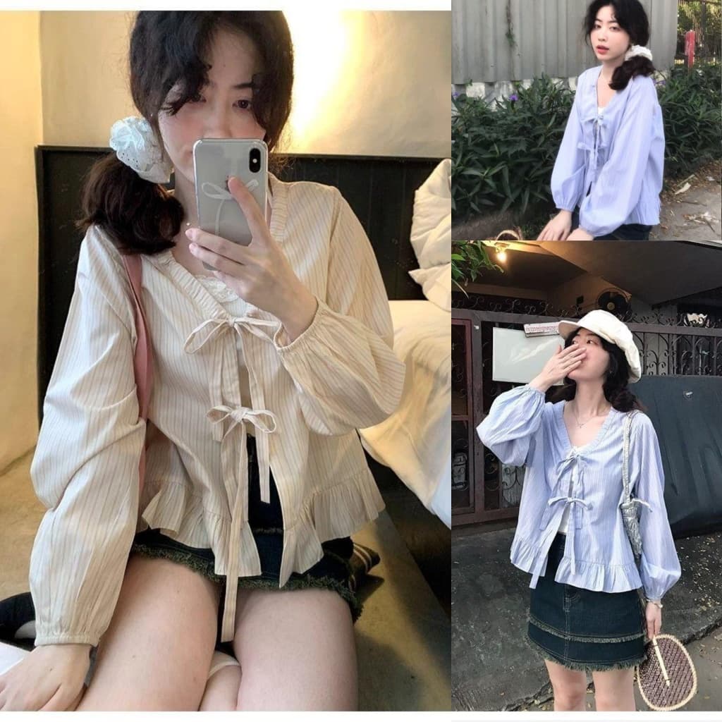 Chili Koko เสื้อเชิ้ตผู้หญิงคอวีแขนยาวสีฟ้าลายทางสไตล์เกาหลี ผูกโบว์สองชั้นและชายเสื้อระบาย เสื้อแขนพอง W680 รูปที่ 1