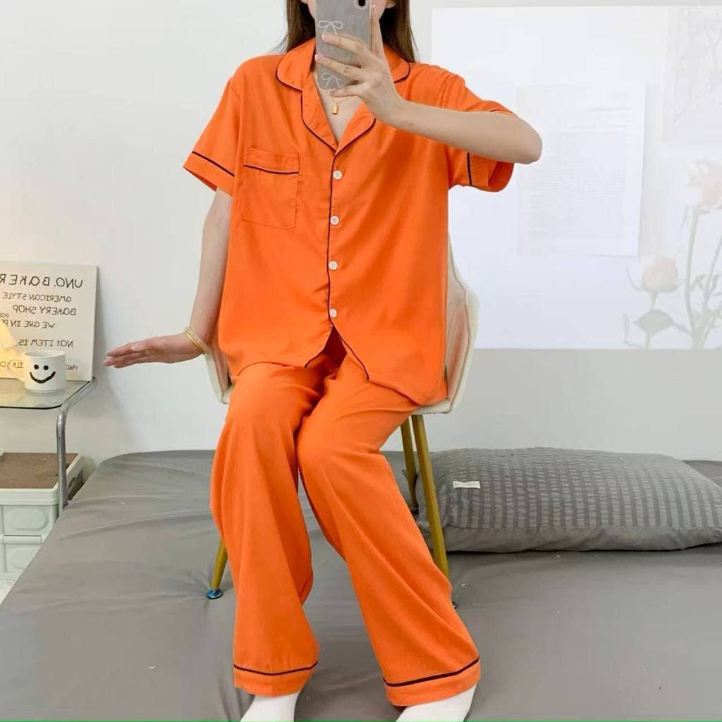 ชุดนอนผ้าไหมญี่ปุ่นสีพื้น เเขนสั้น-ขายาว ผ้านิ่มใส่สบาย ฟรีไซส์อก44 รูปที่ 2