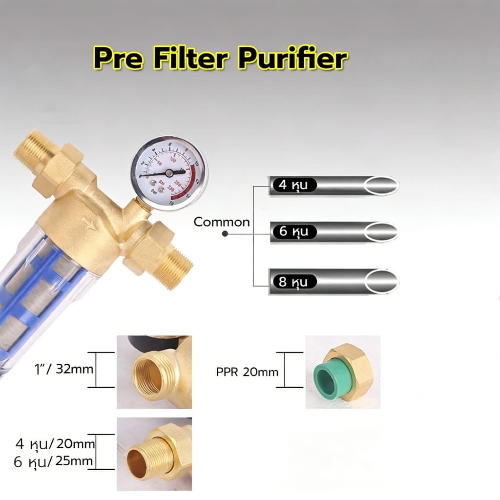 กรองน้ำ Pre-Filter Water กระบอกหนา หัวทองเหลือง เกลียว6หุน 1/2" 1" ไส้กรองสแตนเลส ล้างในตัว ทนทาน ป้องกันม รูปที่ 2