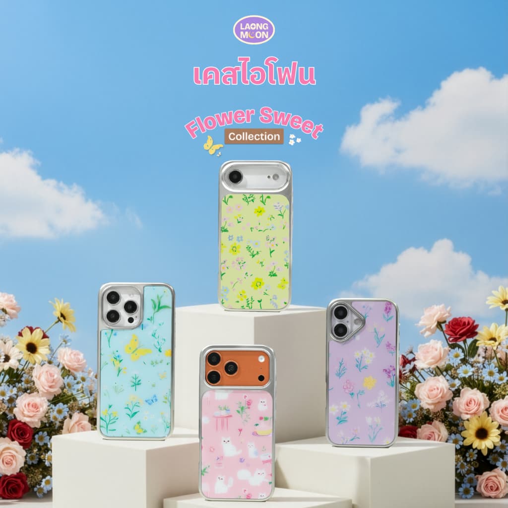 NEW Laongmoon เคสไอโฟนขอบเงิน พิมพ์ลาย Flower Sweet Collection สำหรับ iPhone 12 13 14 15 16 17 รูปที่ 1