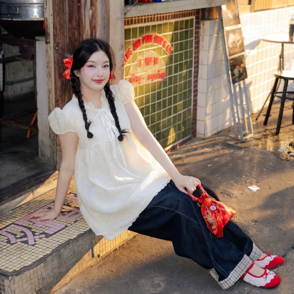 RIKA เป่าเป้ย มินิเดรสแขนกระป๋องคอระบายโบว์หน้า รูปที่ 3