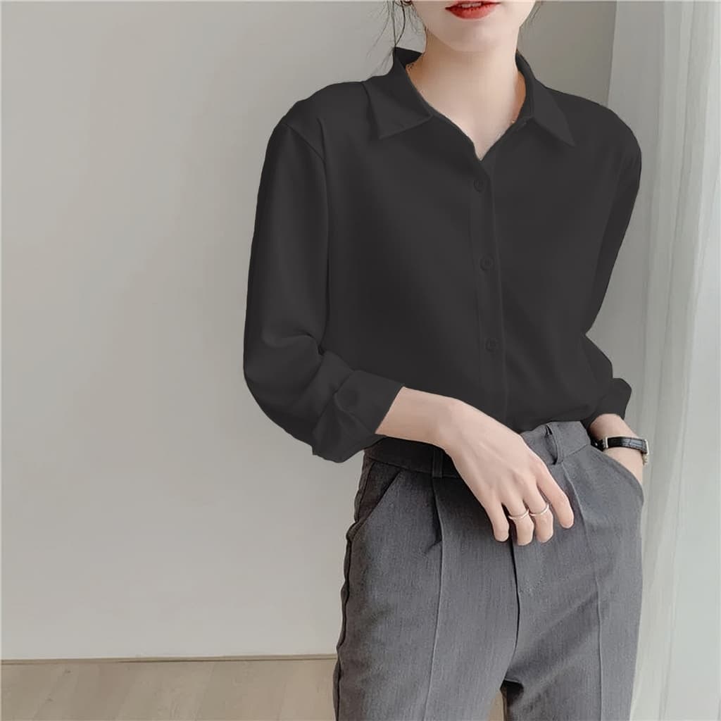 ผู้หญิง สีทึบแขนยาวเสื้อเชิ้ต สไตล์เกาหลี ทรงหลวม พื้นฐาน เรียบง่าย เสื้อ รูปที่ 8