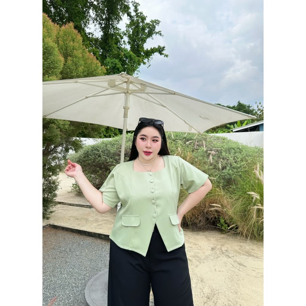 เสื้อสาวอวบคออยู่ผ้าเป้ แต่งกระดุมปั๊มกระเป๋า 38-54นิ้ว รหัส B53 รูปที่ 2