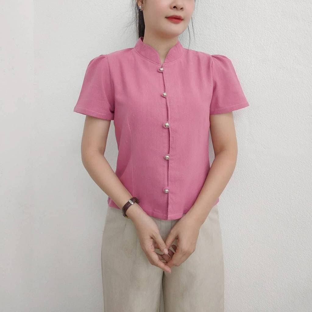 เสื้อผ้าฝ้าย ทรงจิตรลดาสีพื้น แขนสั้น รูปที่ 5
