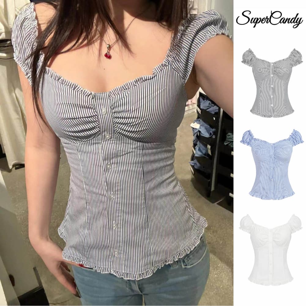 SuperCandyเสื้อเชิ้ตแขนสั้นลายทางคอวี ทรงสวยหวาน มีระบาย ติดกระดุม ช่วยให้ดูผอมเพรียว ชุดสาวเซ็กซี่ รูปที่ 1