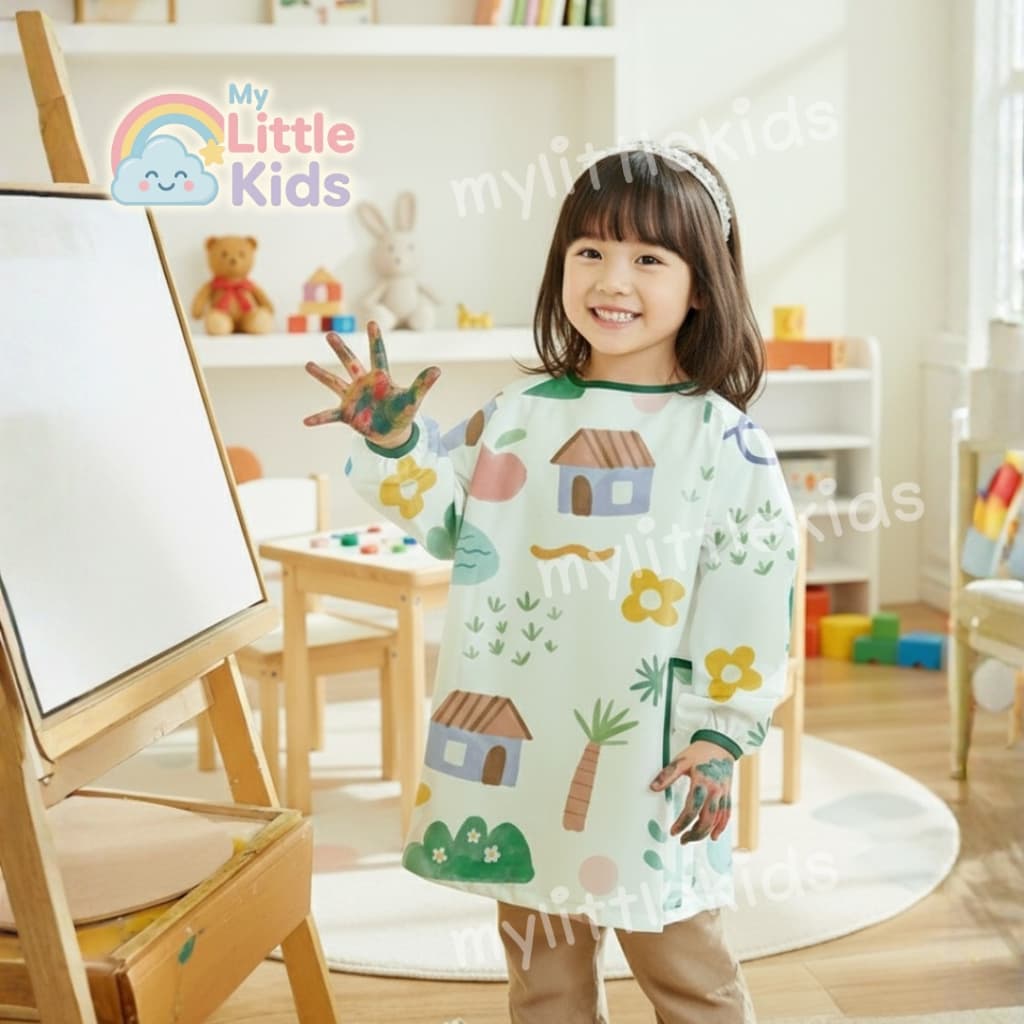 Apron ลายลูกแพร์ ผ้ากันเปื้อนเด็ก 90-120 cm แขนยาว ชุดเอี๊ยมกันเปื้อน ทำอาหาร เรียนศิลปะ กันน้ำแห้งไว ปลอดภัย เนื้อผ้าดี รูปที่ 6
