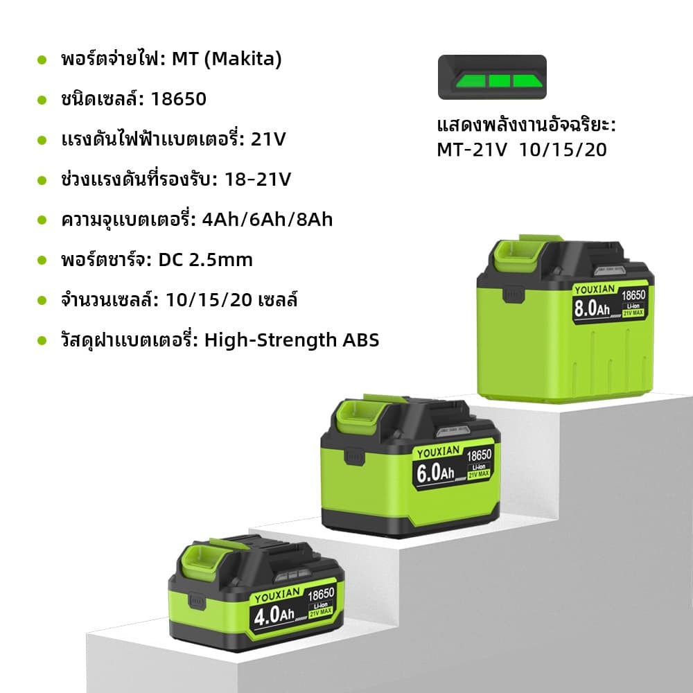 YOUXIAN แบตเตอรี่ลิเธียม 21V 18650 4Ah/6Ah/8Ah ใช้ร่วมกับ JIAPU / TANZU / Makita ได้ สำหรับเครื่องมือไฟฟ้าไร้สาย รูปที่ 2