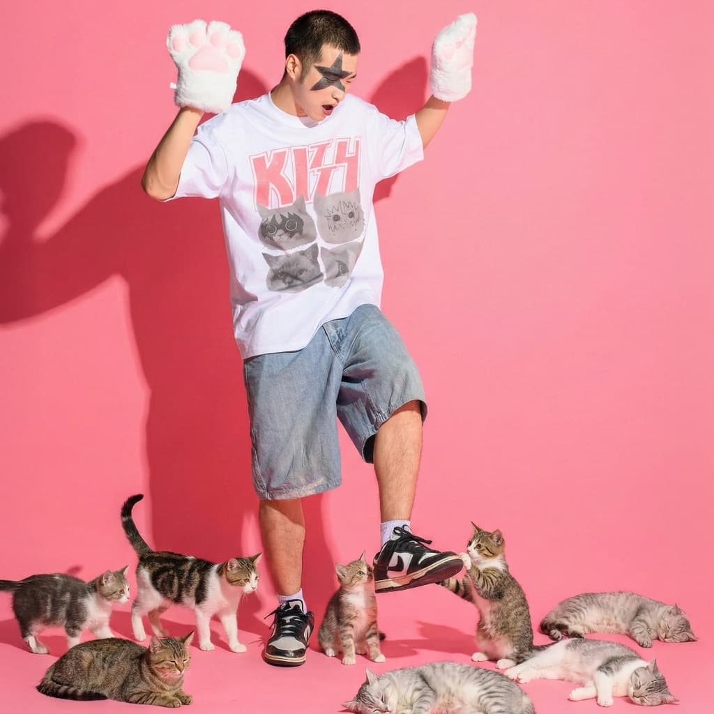 kitty kiss เสื้อล้อเลียนวงร๊อค ลายแมว สไตล์วินเทจ สกรีน dtg เรียบไปกับเนื้อผ้า รูปที่ 2