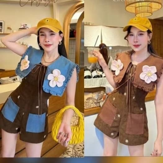Si-am จั๊มสูทขาสั้นผ้าลูกฟูก ทรงคิ้วตี้ งานปักลายคมชัด สีสดใส คอปกระบาย กระเป๋าคู่หน้า ผ้าเนื้อนุ่ม ขนาด S-4XLสำหรับสาวๆ